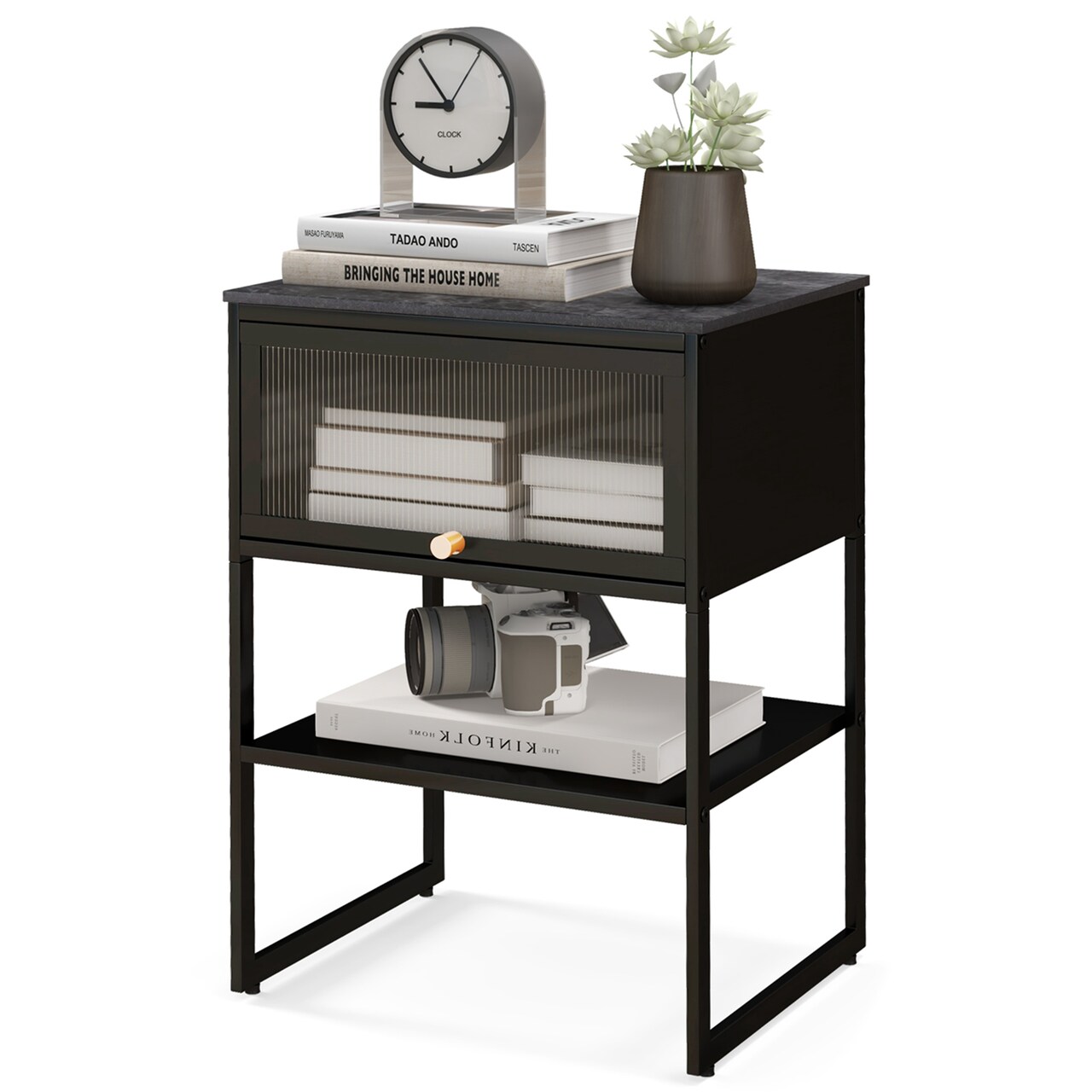 Costway 1/2 PCS Home Nightstand 3-Tier Storage Table with Door Open Shelf Heavy-duty Metal Frame Black
